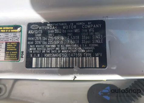 2016 Hyundai Santa Fe Se from USA, damaged, VIN KM8SM4HF5GU147166